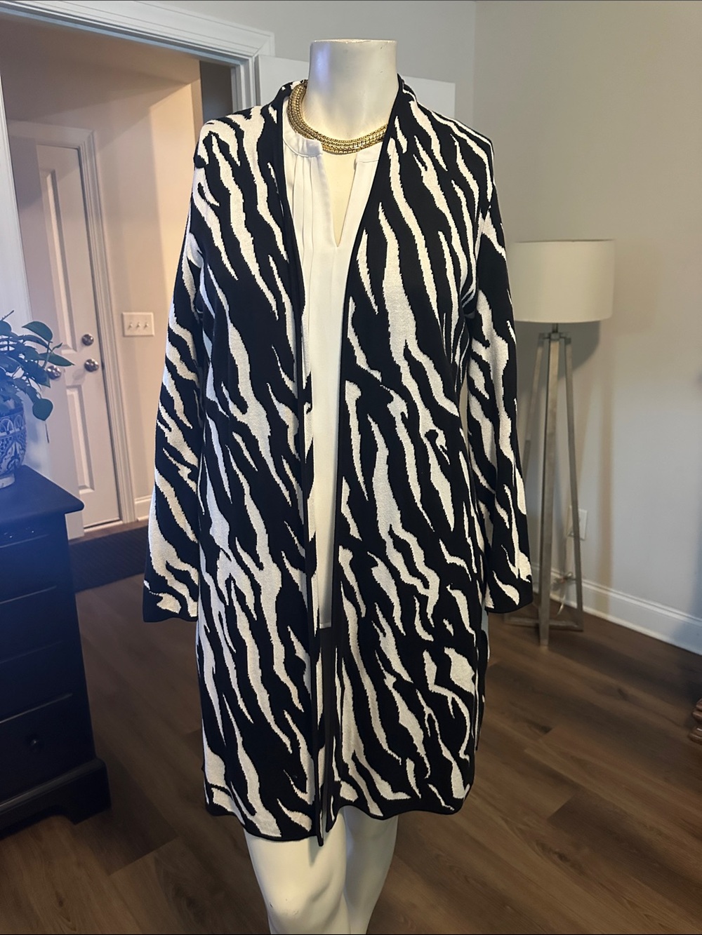 Kasper Black and White Zebra-Print Open Cardigan Coatigan